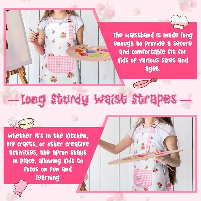 R HORSE Kid Apron and Chef Hat Set - 2Pcs Plaid Floral Adjustable Children Kitchen Toddler Apron for Girls, Role Play Chef Toy Cooking Baking Painting and Training Kit Kid Funny Cooking Birthday Gift