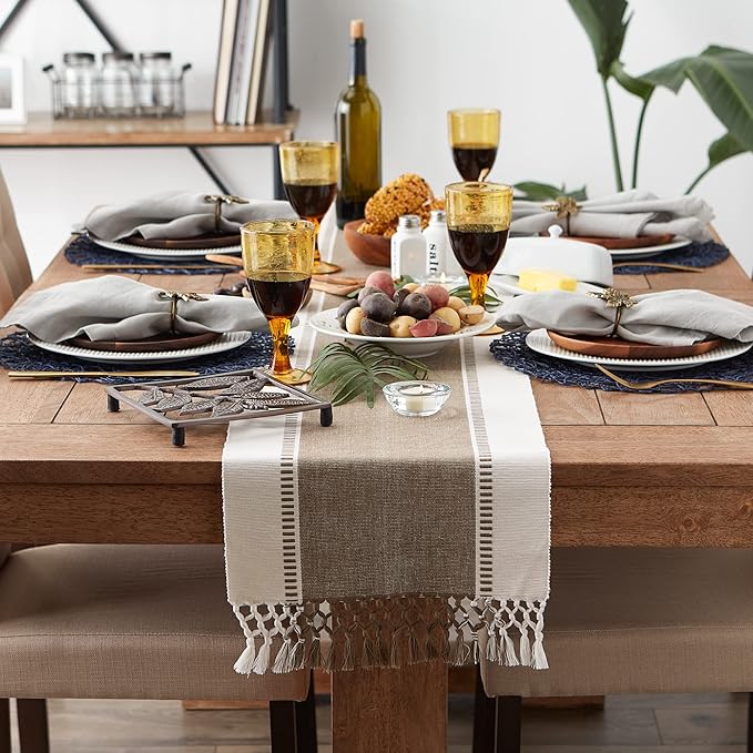 DII Dobby Stripe Woven Table Runner, 13x72, Brown