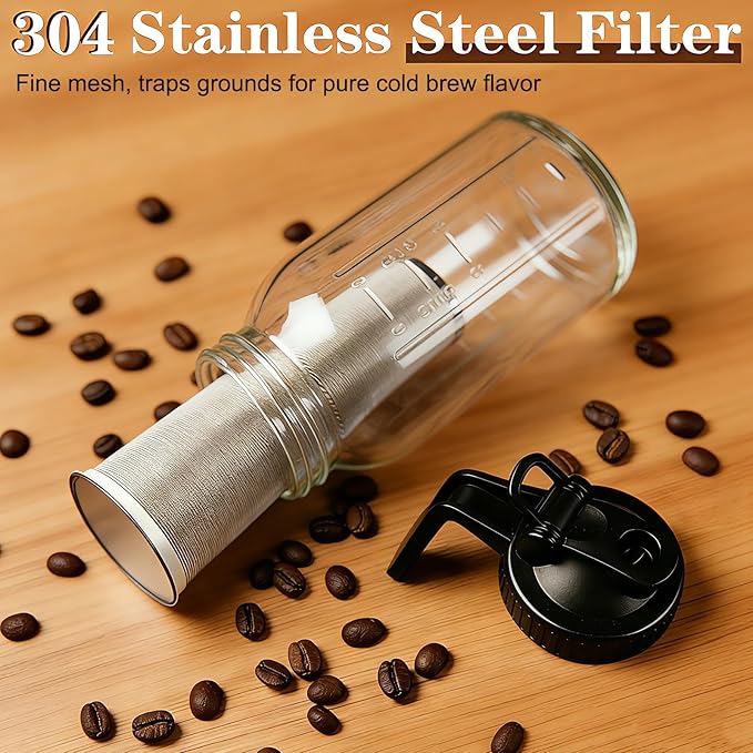 Cold Brew Coffee Maker, 32oz Mason Jar Pitcher with Airtight Lid and Stainless Steel Filter, 1 Quart Wide Mouth Glass Jar Cold Brew Coffee Kit Tea Infuser Pitcher, Coffee Lovers Gifts for Men/Women