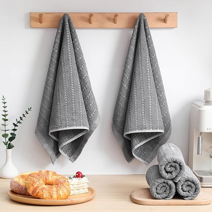 SALAS Kitchen Dish Towels, Bulk Cotton Kitchen Hand Towels, 390 GMS Plaid Dish Cloths Rags for Drying Dishes with Hanging Loop, 16‘’ x 26‘’, 4 Packs, Grey