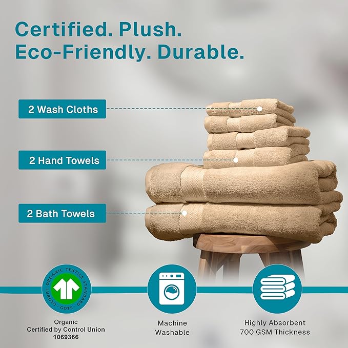 Fabdreams 100% Organic Cotton Bath Towel Set of 6 700 GSM Hotel Premium Plush Absorbent Soft Durable Skin-Friendly Spa Quality Bathroom Comfort with 2 Bath 2 Hand Towels and 2 Wash Cloths Dune Tan
