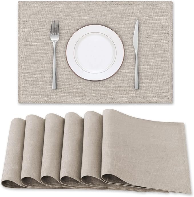 H.VERSAILTEX Linen Placemats Set of 6 Premium Solid Table Mats for Dining Table Spill-Proof Waterproof Heat-Resistant Kitchen Mats, Washable, 12x18 inches, Taupe