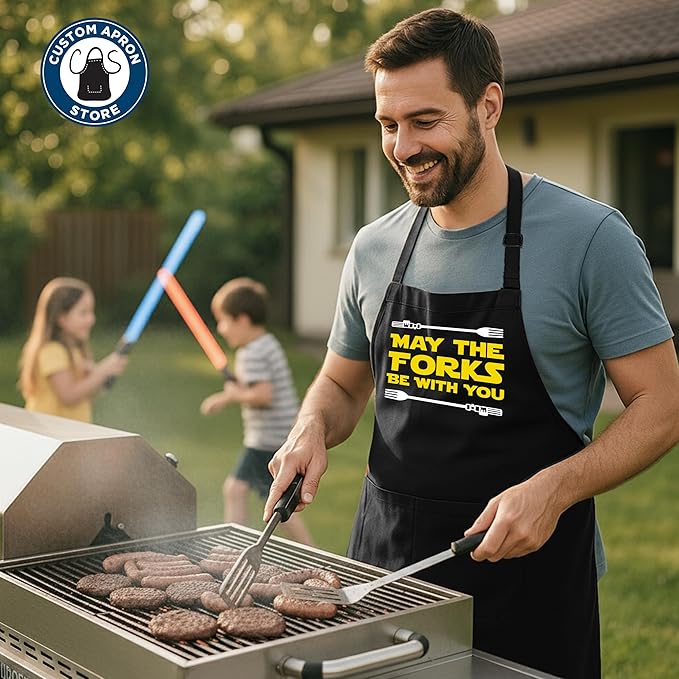 Adult Cooking Apron | May The Forks Be With You | BBQ Grill or Kitchen Apron with Pockets | Fun Grilling Accessories