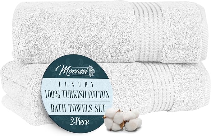 Mocassi Luxury 100% Turkish Cotton 2-Pack Bath Towel Set- Ultra Soft, Quick Dry Highly Absorbent 27 x 54 inch Premium Spa Hotel Quality 2PC Bath Towels - Luxurious Soft Bathroom Towels, White