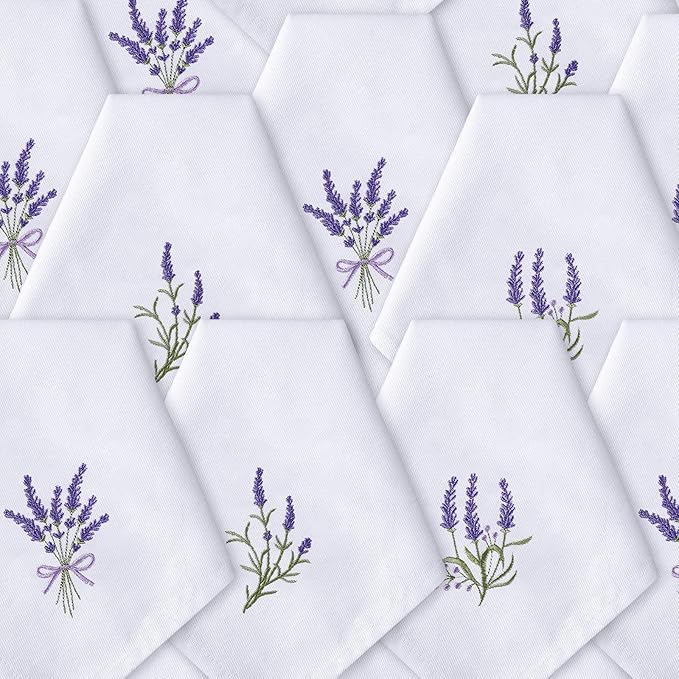 HunnmingRe 12 Pcs Spring Floral Cloth Napkins 100% Cotton Lavender Dinner Tea Party Napkins Embroidered Hand Towel Country French Reusable Washable for Dinner Kitchen Weddings Cocktail Party 17x17inch