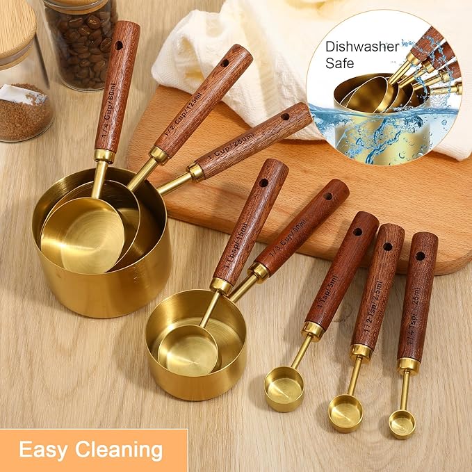 8Pcs Measuring Cups and Spoons Set, Gold Stainless Steel Measuring Cups with Wooden Handle, Nesting Measure Spoons and Cup Kitchen Measure Set for Kitchen/Food/Baking