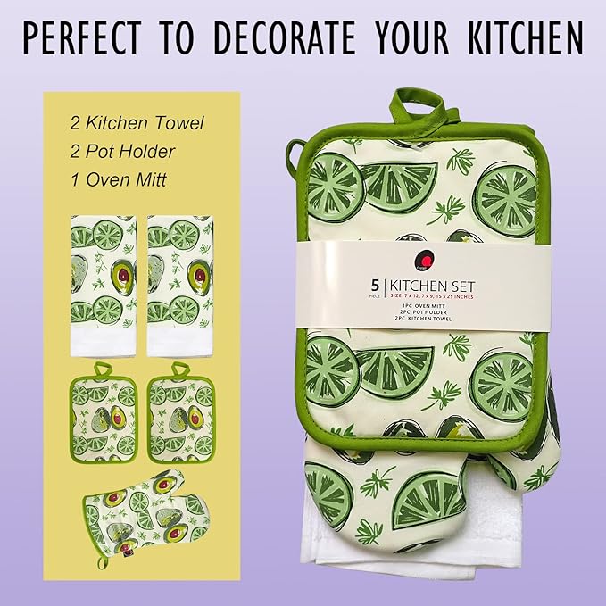 Oven Mitts and Potholders Dish Towles Set 100% Cotton for Perfect for Gifting, Baking and Everyday Cooking Durable Heat Resistant for Kitchen (5-Piece Lemon Avocado)