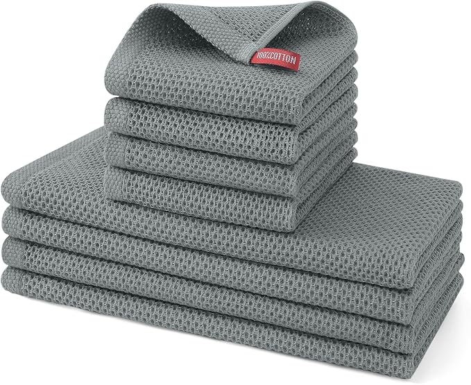 Kitinjoy 100% Cotton Kitchen Towels and Dishcloths Set, 8 Pack-13" x 28" and 12" x 12" Waffle Weave Dish Towels, Ultra Soft Absorbent Quick Drying Dish Rags, Grey