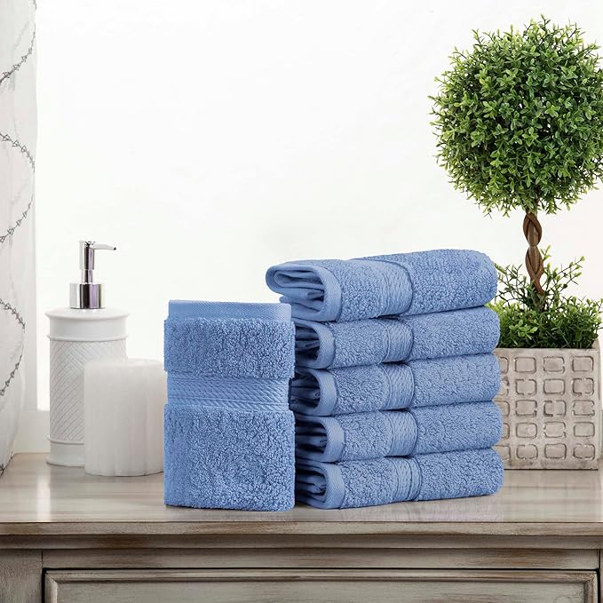 SUPERIOR Egyptian Cotton Pile Face Towel/Washcloth Set of 6, Ultra Soft Luxury Towels, Thick Plush Essentials, Absorbent Heavyweight, Guest Bath, Hotel, Spa, Home Bathroom, Shower Basics, Denim Blue