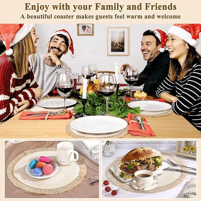Round Placemats Set of 4 Table Mats 13Inch Washable Cotton Heat Resistant for Dining Table Decor, Farmhouse Thick Rustic Kitchen Placemats Non-Slip Hand Woven Boho Placemats for Thanksgiving Christmas