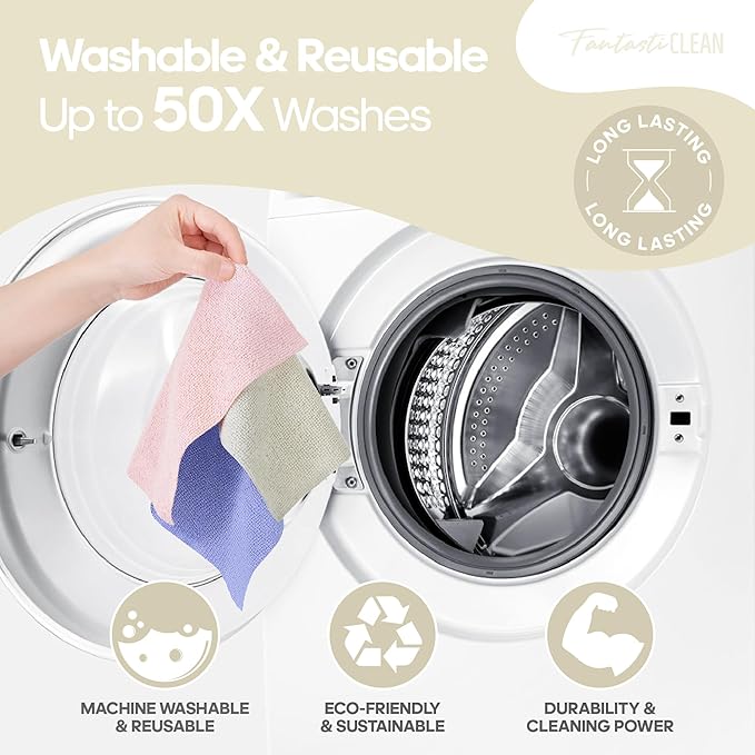 Fantasticlean Microfiber Cleaning Cloth Roll 2 Rolls 120 Pack, Tear Away Paperless Towels, 8" x 8", Reusable Washable Rags, House Kitchen, Pet, Office, Indoor Outdoor, Portable (Pink and Off-White)