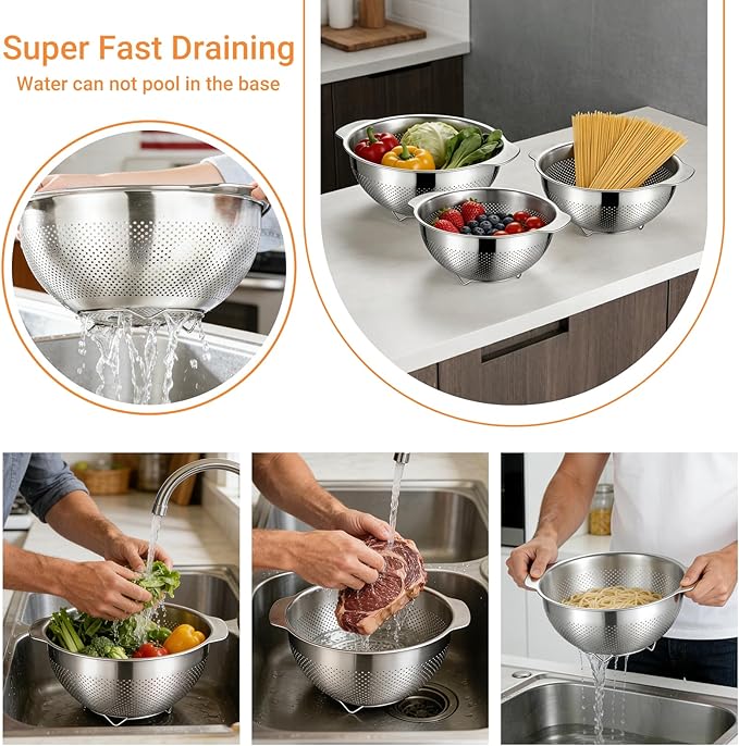 Colanders & Food Strainers,304 Stainless Steel Colander,3 Pcs Kitchen Strainers(2.5QT, 3.5QT, 5QT) for Pasta, Rice, Vegetables,Dishwasher Safe Metal Colander with Handles,Kitchen Gift