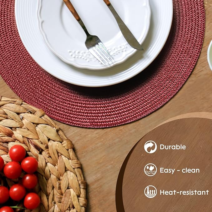 FunWheat Round Braided Placemats Set of 8 Table Mats for Dining Tables Woven Washable Non-Slip Place mats 15 inch(Wine,8pcs)