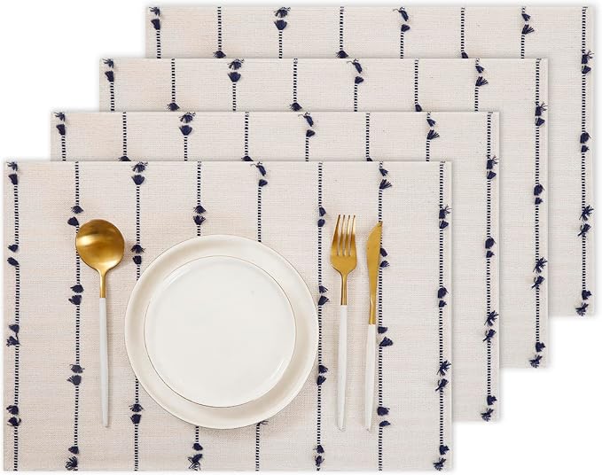 Boho Placemats 13 x 19 Inch Set of 4 for Dining Table Decor Woven Cloth Place Mats for Farmhouse Rustic Kitche Spring Home Decor Cotton Placemats Blue and Beige Table Mats