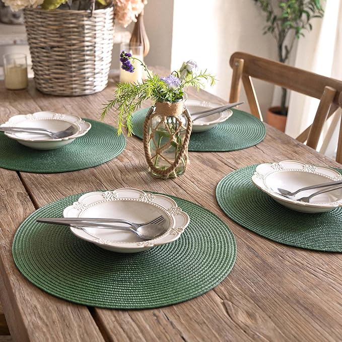 FunWheat Round Braided Placemats Set of 4 Table Mats for Dining Tables Woven Washable Non-Slip Place mats 15inch (Green, 4pcs)