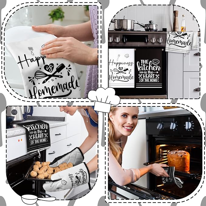 Sratte 6 Pcs Kitchen Decor Accessories Set Farmhouse Towels Pot Holders Oven Mitts Set 2 Dish Towels 2 Potholders 2 Cooking Mittens Oven Glove for Christmas Baking Cooking Supply(White,Kitchen)