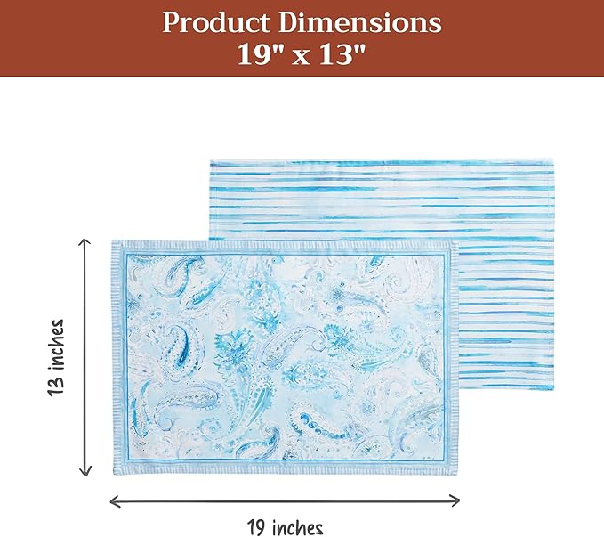 Maison d' Hermine Placemat 100% Combed Cotton Premium Set of 4 Decorative Washable Place Mats Table Cloth Placemat, Dining, Kitchen, Parties & Camping - Paisley Blues (13"x19")