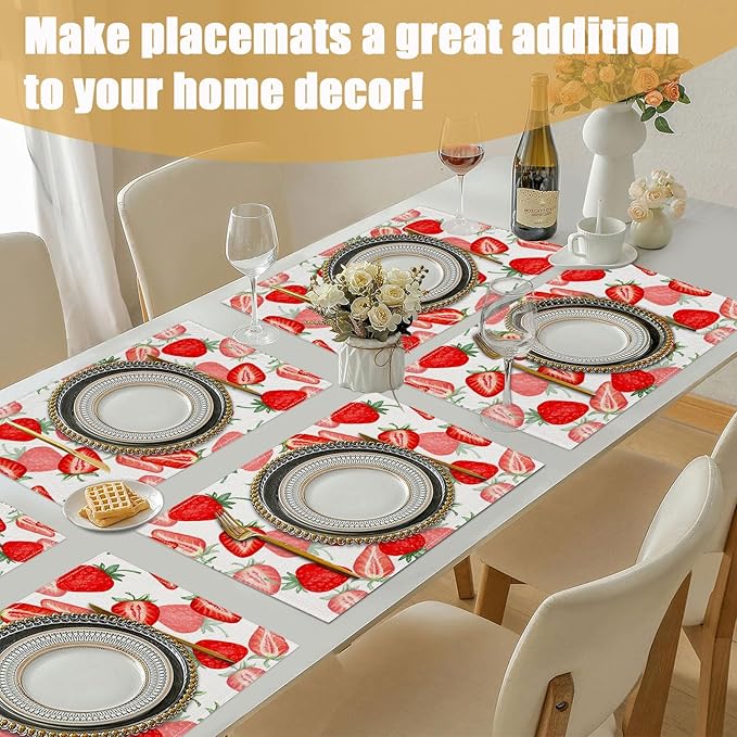 Watercolor Strawberry Placemats Set of 6, Linen Place Mat Washable Stain Resistant Table Mats for Farmhouse Kitchen Dining Holiday Party Wedding Decor 12x18 Inch