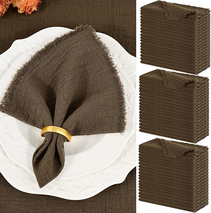 Showgeous 60 Pack Brown Cloth Napkins with Fringe 16x16 inch 100% Cotton Brown Napkins Handmade Dinner Napkins Bulk Washable Soft Rustic Table Napkins for Wedding Parties Bridal Baby Shower