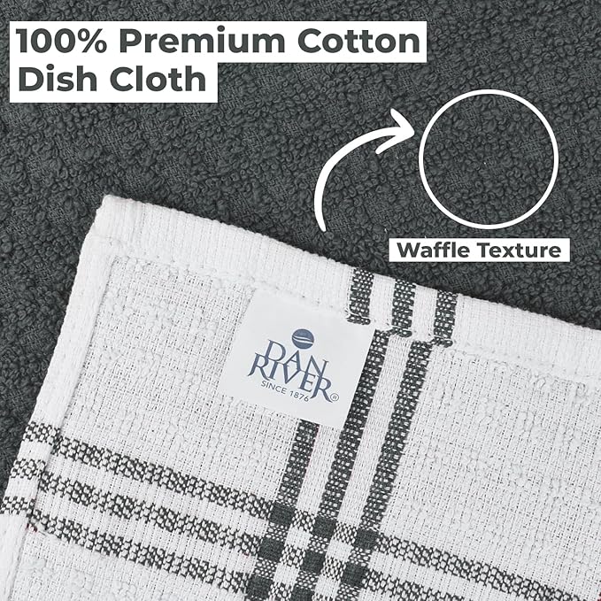 DAN RIVER Premium Dish Cloth 100% Cotton 12 X 12 Inches |Pack of 8|-Ultra Soft Tea Towels-Highly Absorbent Kitchen Rags-Terry Dishcloth for Kitchen and Household Cleaning |Grey|