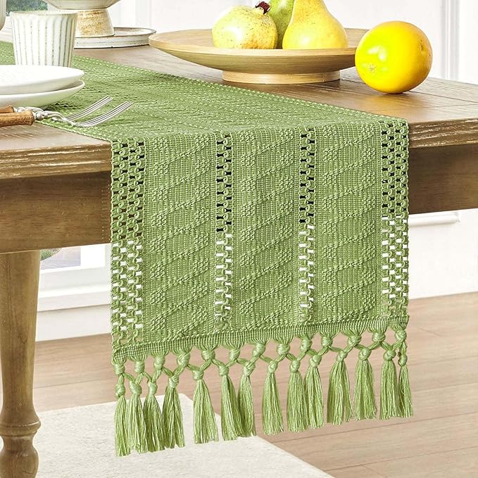 ZeeMart Macrame Style Boho Table Runner, Sage Green Table Runners 90 Inches Long, Farmhouse Woven Home Decor, 12x90 Inch, Green