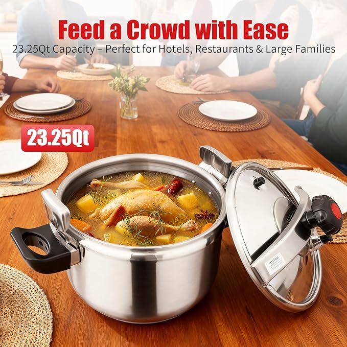 23.25 Qt Pressure Cooker, Stainless Steel Large Capacity Pressure Canner with Double Valves, Clamp On Type Commercial Pressure Stewing Pot for Hotels, Restaurants, Family (23.25 Qt)