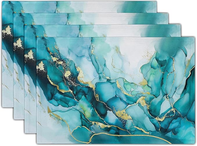 Giwawa Teal Marble Placemats Set of 4- Turquoise Blue Gold Marbling Linen Place Mat 12x18 Inch- Modern Stone Print Washable Heat Resistant Table Mats for Kitchen Dining Indoor Outdoor Decor