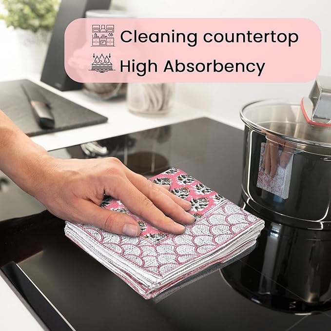 CPC Poppy Pink Hand Block Print Waffle Kitchen Towel Set of 3-16 x 28 Inch Ultra Absorbent Quick Dry Cotton Dish Towels Lightweight Reusable Sustainable Tea Towels for Cleaning and Drying