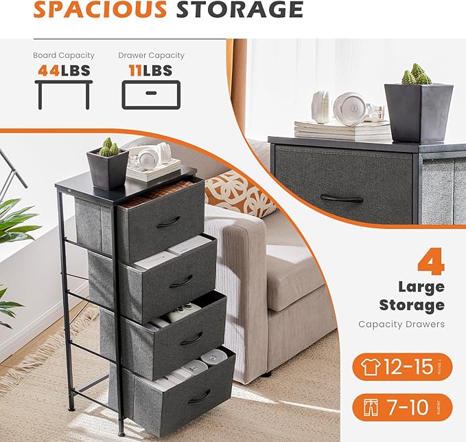 Sweetcrispy Nightstand Small Bedroom Dresser with 4 Fabric Drawers,Bed Side Furniture End Table, Wooden Top Cabinet Night Stand Dresser for Closet, Entryway, Dorm, Grey