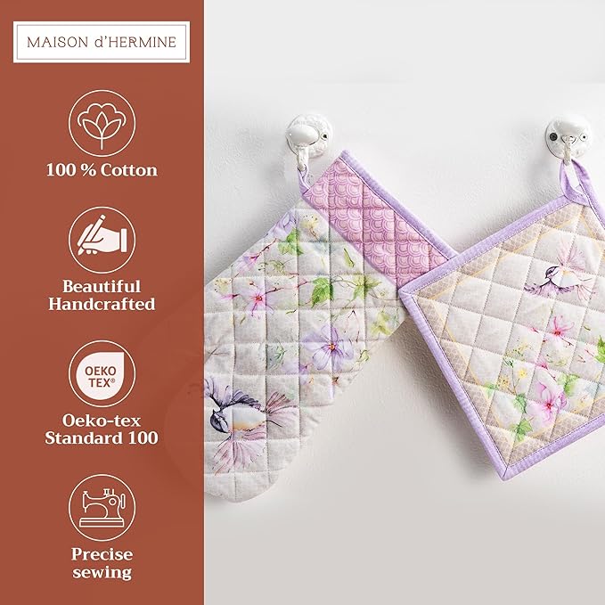 Maison d' Hermine 100% Cotton Oven Mitt & Pot Holder Set (7.5"x13" & 8"x8") Heat Resistant BBQ Cooking Gloves with Loop Grilling Kitchen Gifts for Mothers Day Spring/Summer (Magnolia Mornings)