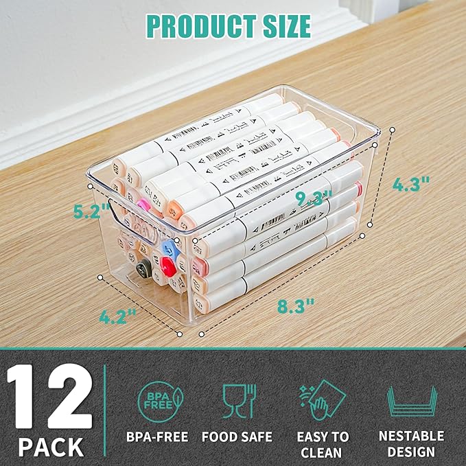 Homaigie 12 Pack Small Clear Plastic Storage Bins, Multi-Use Acrylic Arts and Craft Storage Containers, Clear Craft Organizer Bins with Handles for Art Supplies, Office, Pantry, Kitchen