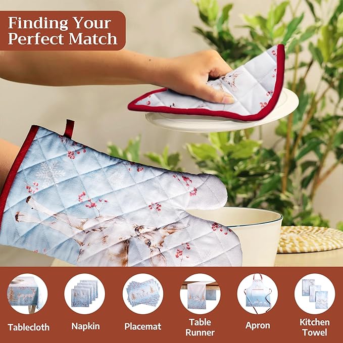 Maison d' Hermine Oven Gloves 100% Cotton Oven Mitt 7" x 13" with Loop Heat Resistant BBQ Cooking Gloves for Thanksgiving Christmas Decorations Baking Handling Hot Pans (Pack of 1, Fairy Tale Forest)