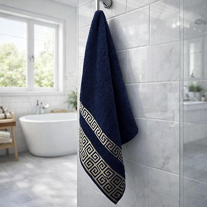Luxury 4 Piece Bath Towel Set with Greek Key Design - 100% Cotton Soft & Absorbent Bathroom 27x54 in Extra Large Towels - Quick Dry & Durable - Navy Blue Towels Set for Home, Spa & Hotel Use AA4