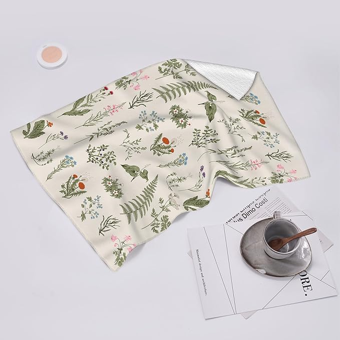 Vintage Floral Kitchen Towels Decorative Set of 2 Sage Green Herbs and Wildflowers Dish Towels Cute Botanic Absorbent Hand & Tea Towel for Kitchen Farmhouse Spring Summer Decor 16"x24"
