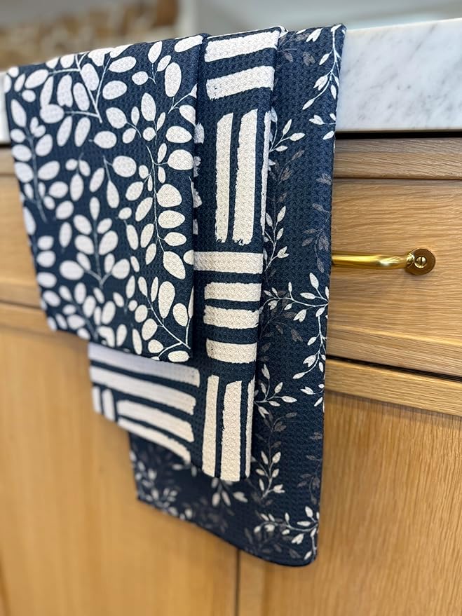 || 3 Pack|| Kitchen Towels || Dish Towels || Tea Towels || Highly Absorbent || Hanging Loop || Dish Cloths || Modern || Designer Prints (Navy/tan)