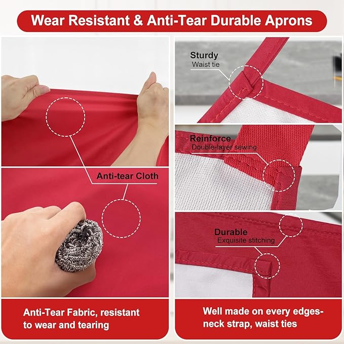 SHEOMERN 3 Pcs Dual Waterproof Oilproof Kitchen Chef Aprons with 4 Pockets for Men Women, Adjustable Soft Anti-Tear Cooking Bib Apron for Baking Grilling BBQ Painting Cleaning (Red)