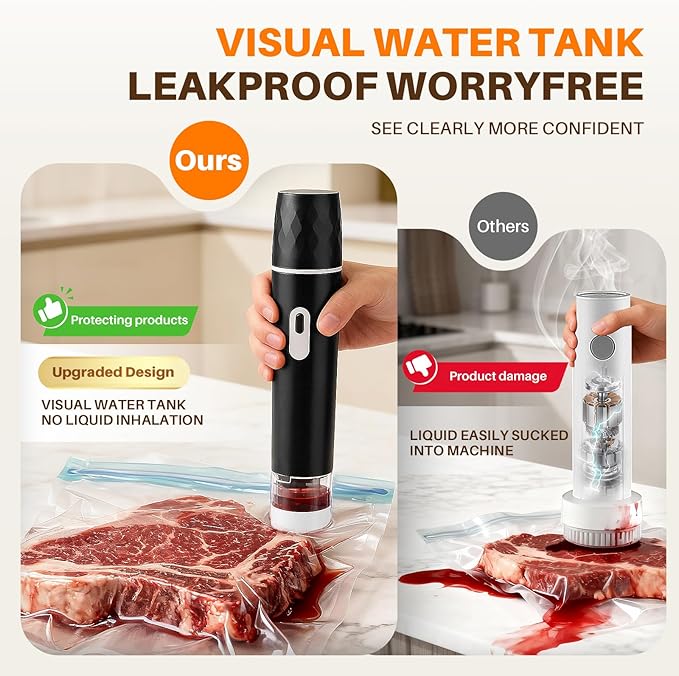 Compact Vacuum Sealer for Food, 100KPA Powerful Suction Handheld Vacuum Sealer Machine, Rechargeable Design with Visible Detachable Tank,10 Reusable BPA-Free Bags for Meal Prep, Camping & RV Travel