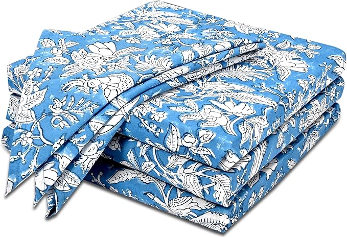 CPC Cloth Napkins Set of 4 Cotton Printed Dinner Block Print Napkins I Wedding Cocktail Cloth Floral Napkins I 18x18 in I Blue Sapphire