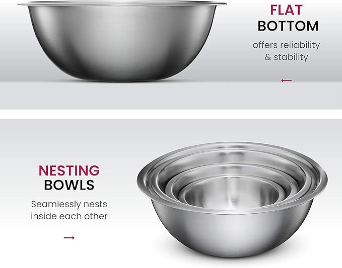 FineDine Stainless Steel Mixing Bowls Set, Dishwasher Safe, 6 Piece Metal Mixing Bowls For Kitchen, Nesting, Large, Small, Big Food Prep, Cooking, Baking