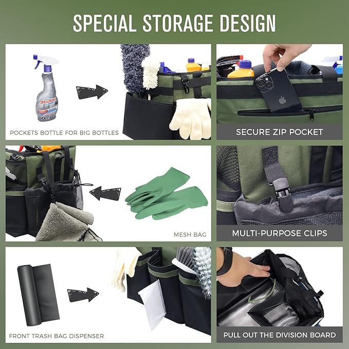 SCAVATA Wearable Cleaning Caddy Organizer with Handle & Shoulder Straps for Housekeepers, Under Sink & Car Cleaning Tool Organizer Bag with 4 Foldable Dividers (Green)