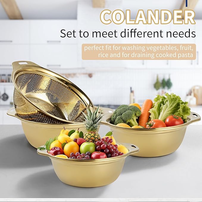 Colander 304 Stainless Steel 3-quart with Mixing Bowls, Strainer for Kitchen Food For washing vegetables, fruit, rice, Dishwasher Safe. (Gold 2PC)