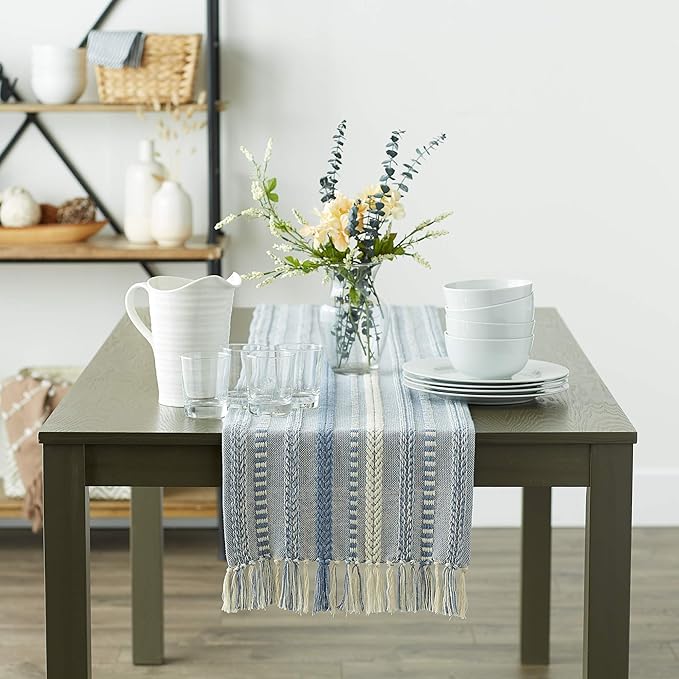 DII Farmhouse Braided Stripe Table Runner Collection, 15x72 (15x77, Fringe Included), Stonewash Blue