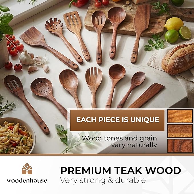 Wooden Spoons for Cooking – 13 Pcs Premium Teak Wooden Utensil Set - Durable, Safe for Nonstick Cookware, Easy to Clean & Heat Resistant Kitchen Utensils Set Wood with Ergonomic Handles