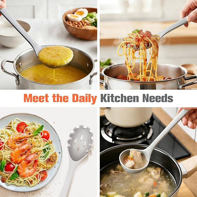 Silicone Spaghetti Spoon&Soup Ladle Cooking Utensils Set of 2,No Scratch for Nonstick Cookware,BPA Free, 450℉ Heat Resistant (GRAY)