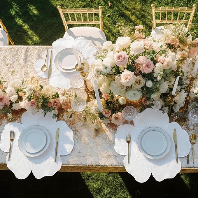 Moukeren Set of 6 Elegant Floral Placemat 16'' Flower Shaped Place Mat Flower Embroidery Table Mat for Wedding Bridal Shower Baby Shower Mother's Day Party Kitchen Dining Table Decor(White)