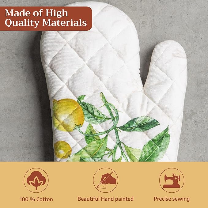 Maison d'Hermine Oven Gloves 100% Cotton Oven Mitt 7" x 13" with Loop Heat Resistant BBQ Cooking Gloves Baking Grilling Gifts for Mothers Day Spring/Summer (Pack of 1, Limoncello)