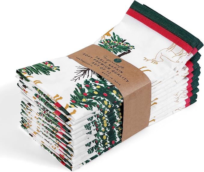 FINGERCRAFT Cloth Napkins, Set of 4 Cotton Linen Blend Printed Dinner Napkins Cloth Mitered Corner Perfect for Parties Dinners Christmas 20x20 Jingle
