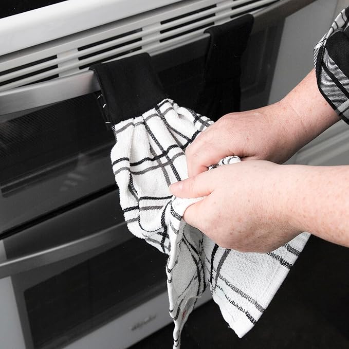 Ritz Premium 100% Cotton Solid and Multi Check Kitchen Tie Towel, Absorbent, Super Soft, and Fast Drying Hang Towel, Set of Two, Black