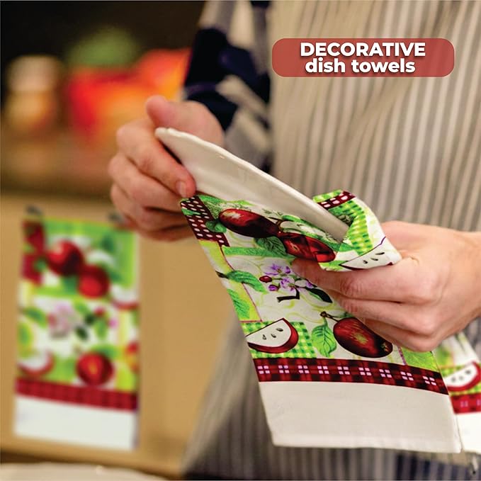 Lobyn Value Packs - Red Apples on a Patchwork Quilt, 5 Piece Kitchen Towel Set with 2 Decorative Dish Towels (25 X 15), 1 Oven Mitt (11 X 7) and 2 Potholders (6.5 X 6.5)