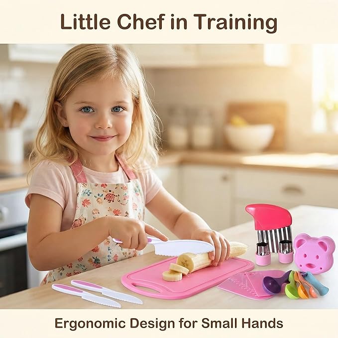 29 Pieces Kitchen Tools-Kids Cooking Sets Real-Toddler Knife Set for Real Cooking, Montessori Toys for 3+,Toddler Utensils with Safe Knives Crinkle Cutter Cutting Board